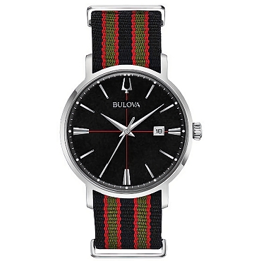 Bulova Aerojet 96B317 Black Dial Date Display Stainless Steel Case Nylon NATO Strap Men's Quartz Watch