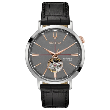 Bulova Aerojet 98A187 Automatic Charcoal Gray Open-Heart Dial Stainless Steel Case Leather Strap Men's Watch
