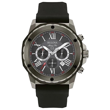 Bulova Marine Star 98B259 Black Dial Date Display Chronograph IP Gunmetal Stainless Steel Case Rubber Strap Men's Watch