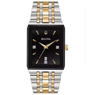 Bulova Quadra 98D153 Black Rectangle Dial Diamond Accents Date Display Stainless Steel Men's Quartz Watch