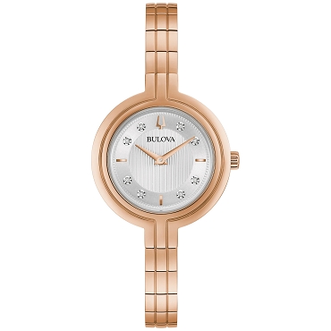 Bulova Rhapsody 97P145 Textured Silver Dial Diamond Accents Rose Gold-Tone Stainless Steel Women's Quartz Watch