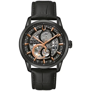 Bulova Sutton 98A283 Automatic Black Open-Heart Skeleton Dial Stainless Steel Case Leather Strap Men's Watch