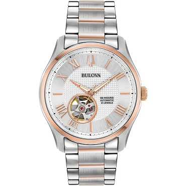Bulova 98A213 Wilton Automatic Textured Silver White Open-Heart Dial Two-Tone (Silver / Rose-Gold) Stainless Steel Men's Watch