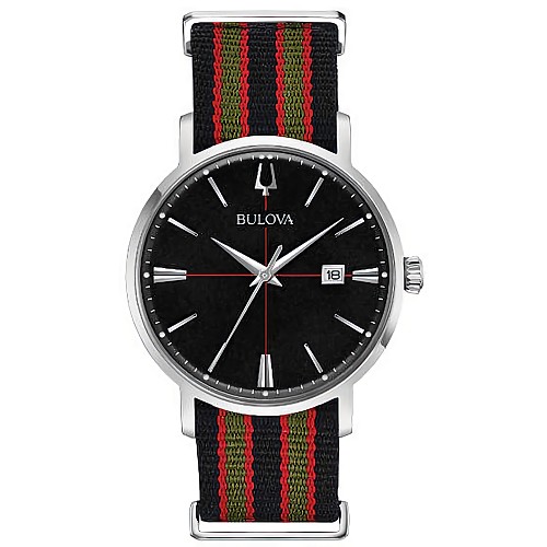 Bulova Aerojet 96B317 Black Dial Date Display Stainless Steel Case Nylon NATO Strap Men's Quartz Watch