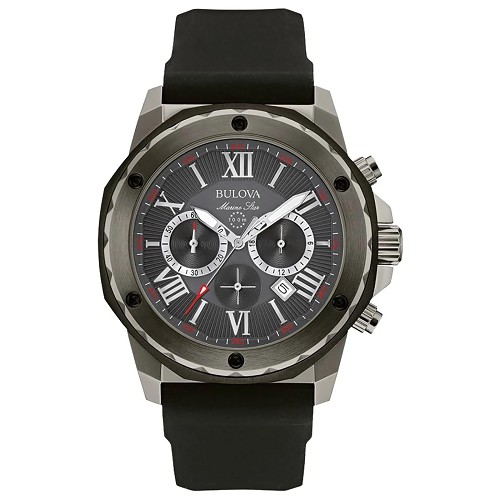 Bulova Marine Star 98B259 Black Dial Date Display Chronograph IP Gunmetal Stainless Steel Case Rubber Strap Men's Watch