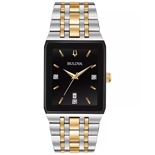 Bulova Quadra 98D153 Black Rectangle Dial Diamond Accents Date Display Stainless Steel Men's Quartz Watch