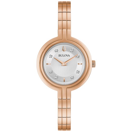 Bulova Rhapsody 97P145 Textured Silver Dial Diamond Accents Rose Gold-Tone Stainless Steel Women's Quartz Watch