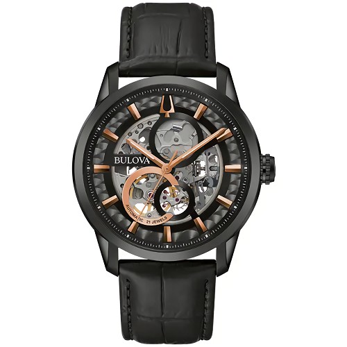 Bulova Sutton 98A283 Automatic Black Open-Heart Skeleton Dial Stainless Steel Case Leather Strap Men's Watch