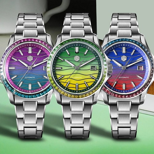 San Martin SN0150-GA 24 Jewels Automatic Gradient Color Splicing MOP Dial Gemstone Bezel Date Display 316L Stainless Steel 39mm Men's Watch
